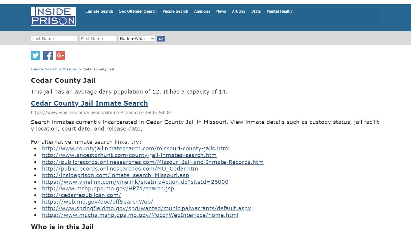 Cedar County Jail - Missouri - Inmate Search - Inside Prison