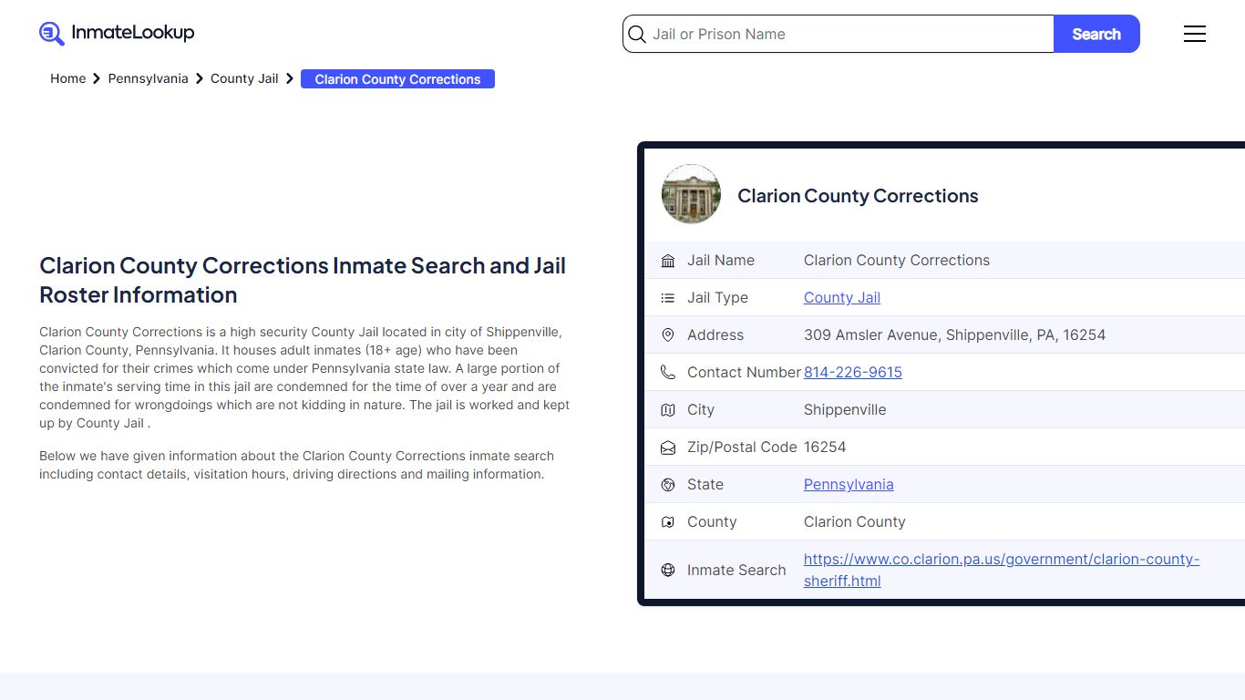 Clarion County Corrections (PA) Inmate Search Pennsylvania - Inmate Lookup