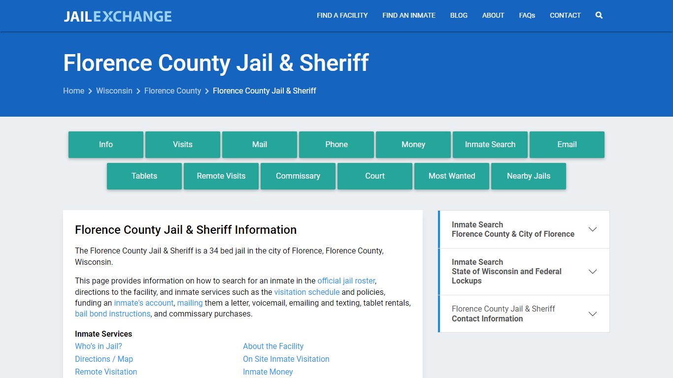 Florence County Jail & Sheriff, WI Inmate Search, Information