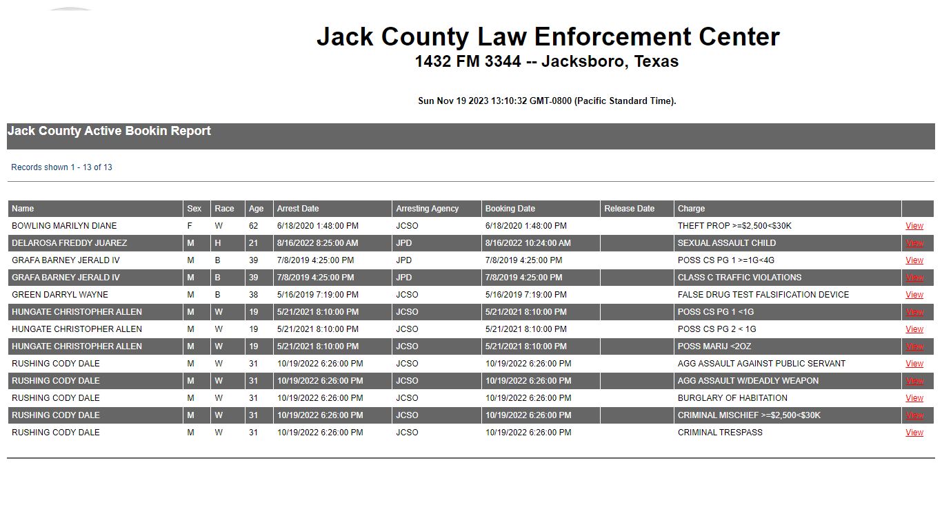 Jack County TX -- Jack County Active Bookin Report