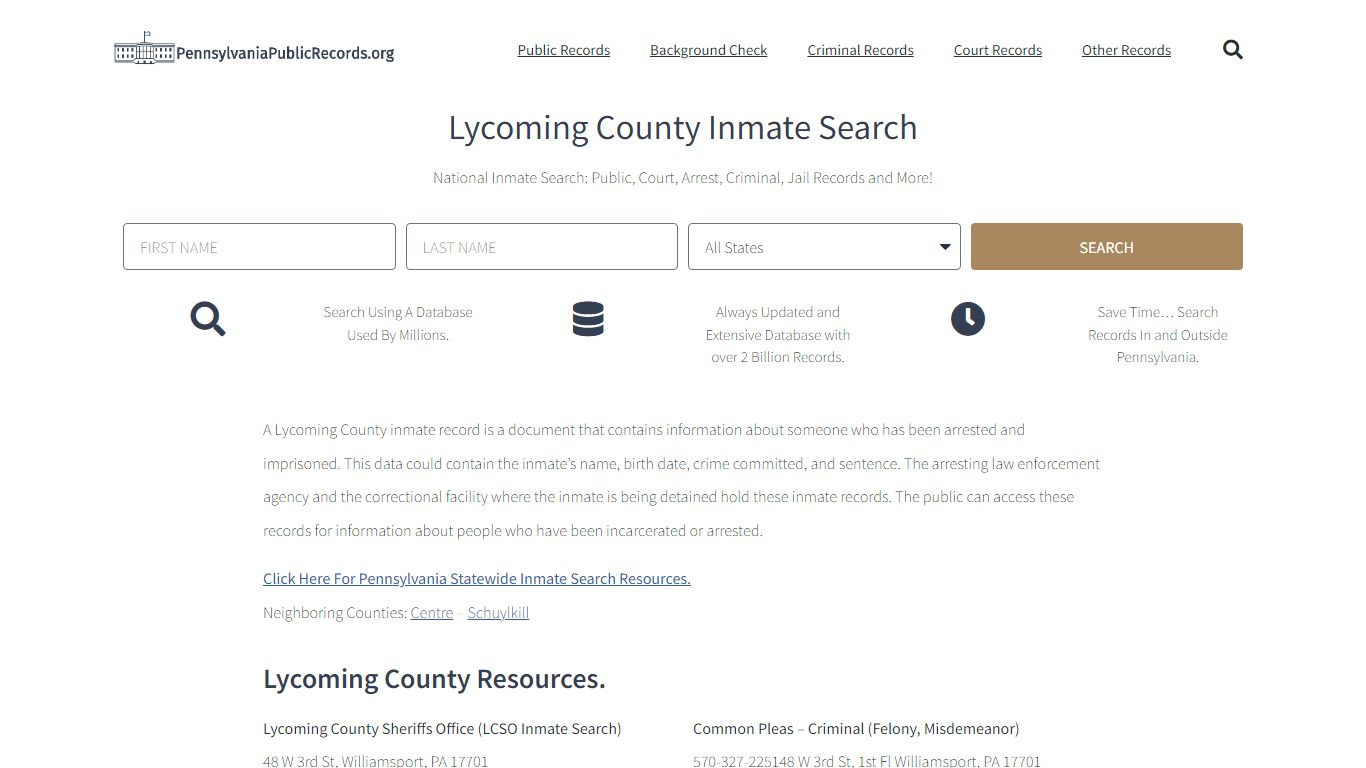 Lycoming County Inmate Search - LCSO Current & Past Jail Records