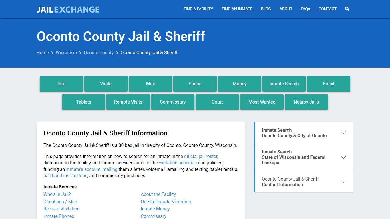 Oconto County Jail & Sheriff, WI Inmate Search, Information