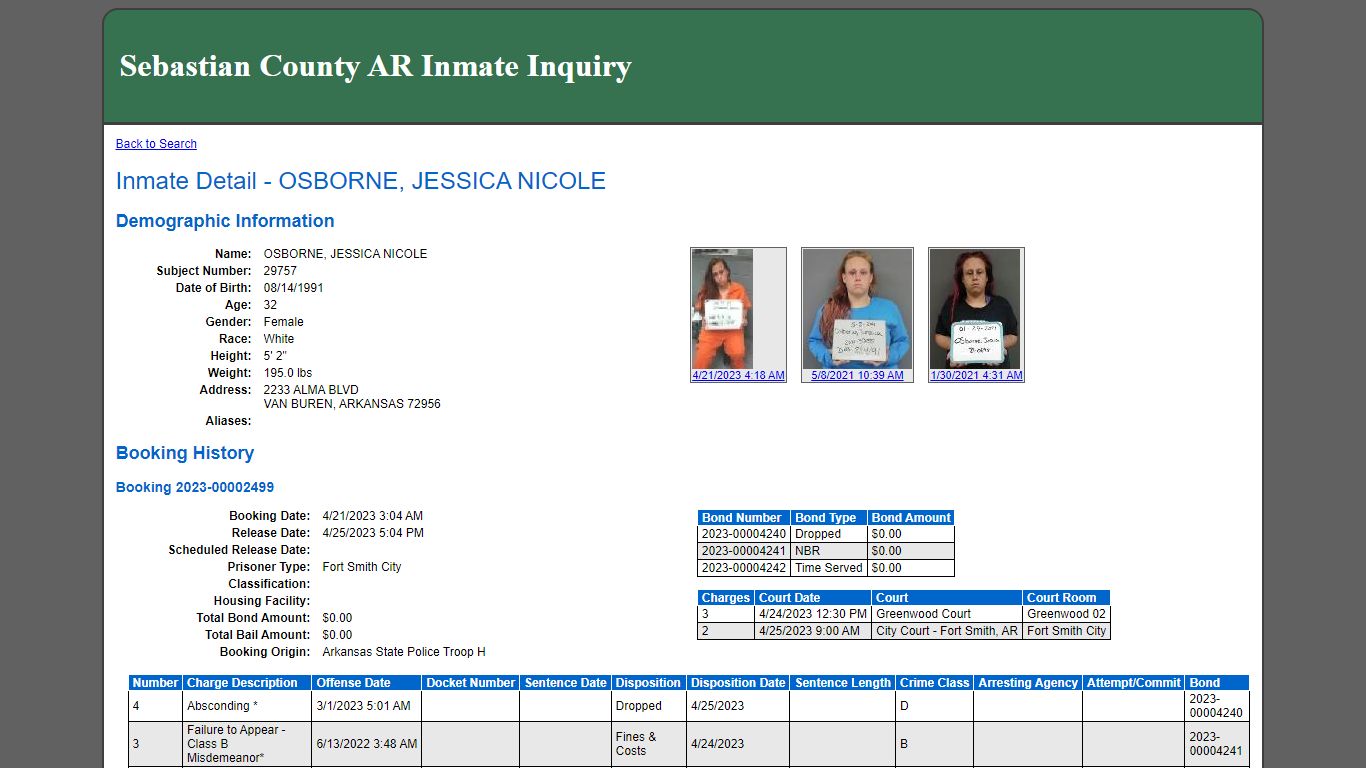 Inmate Detail - OSBORNE, JESSICA NICOLE - Sebastian County, Arkansas